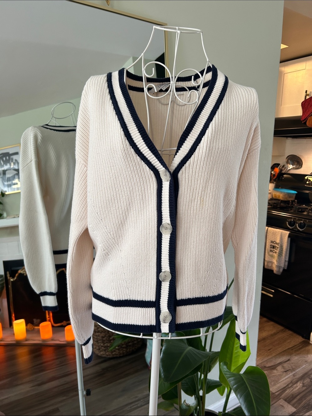 LOFT Cream Cardigan with Navy Trim